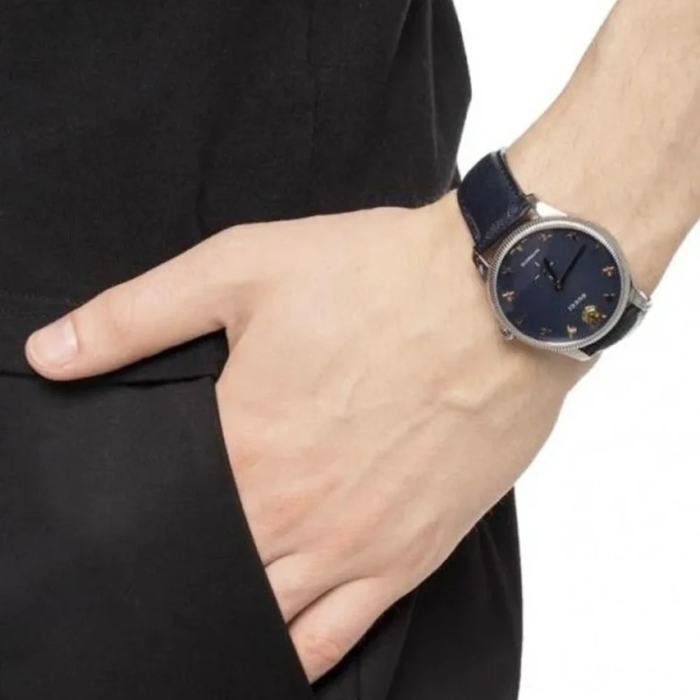 $3950 Gucci G-Timeless 40mm Charm Dial Automatic Watch, Deep Navy Blue